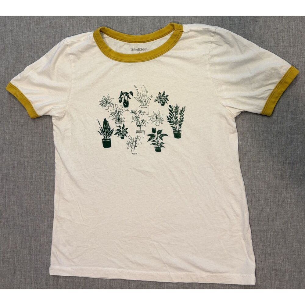 Modcloth Houseplant Tshirt White Top Yellow Edges Plants Size S